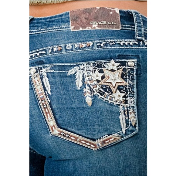 Grace In LA Women's Western Stars Feathers Embroidered Bootcut Stretch Jeans - Picture 1 of 3